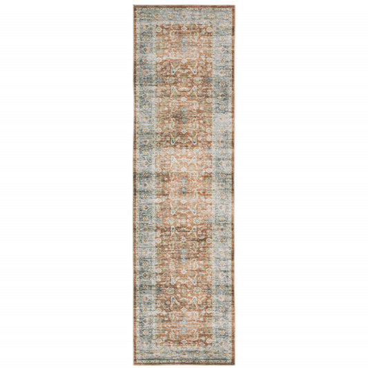 2' X 8' Rust Blue Ivory And Gold Oriental Printed Stain Resistant Non Skid Runner Rug