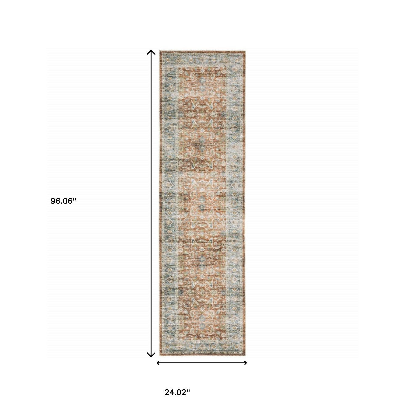 2' X 8' Rust Blue Ivory And Gold Oriental Printed Stain Resistant Non Skid Runner Rug