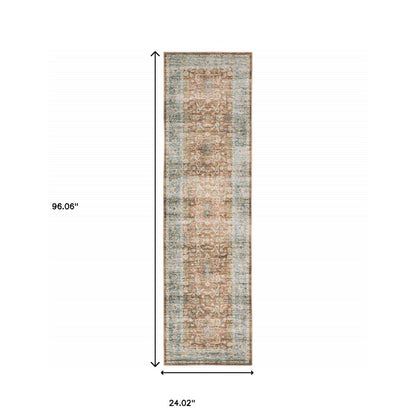 8' Rust And Blue Oriental Distressed Runner Rug