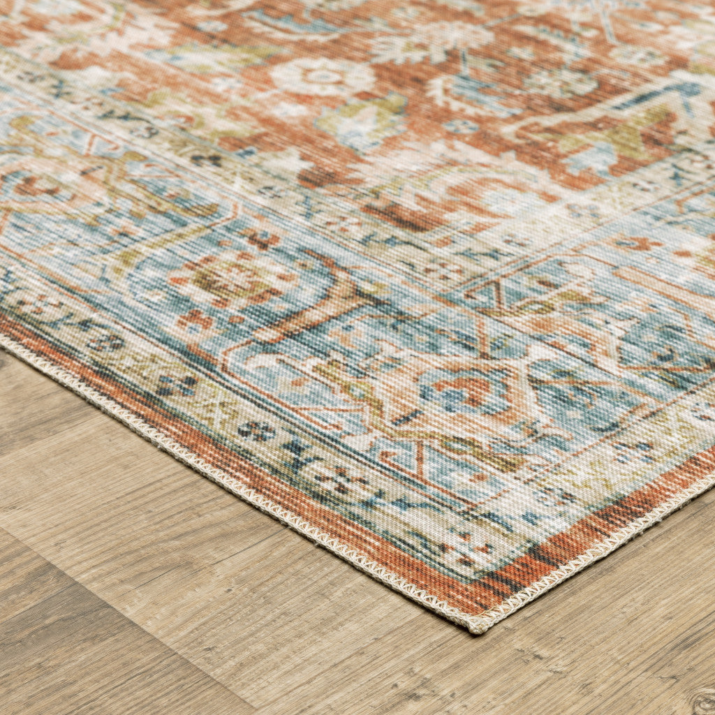 2' X 8' Rust Blue Ivory And Gold Oriental Printed Stain Resistant Non Skid Runner Rug
