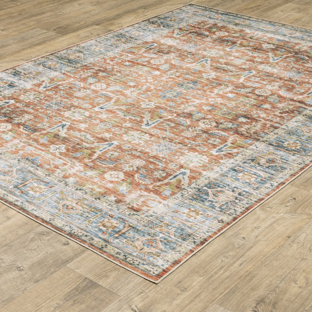 8' Rust And Blue Oriental Distressed Runner Rug