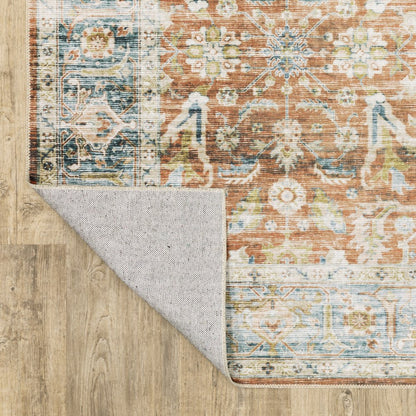 8' Rust And Blue Oriental Distressed Runner Rug