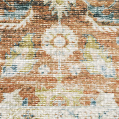 8' Rust And Blue Oriental Distressed Runner Rug