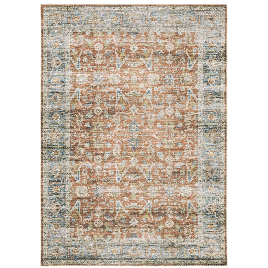 5' X 7' Rust Blue Ivory And Gold Oriental Printed Stain Resistant Non Skid Area Rug
