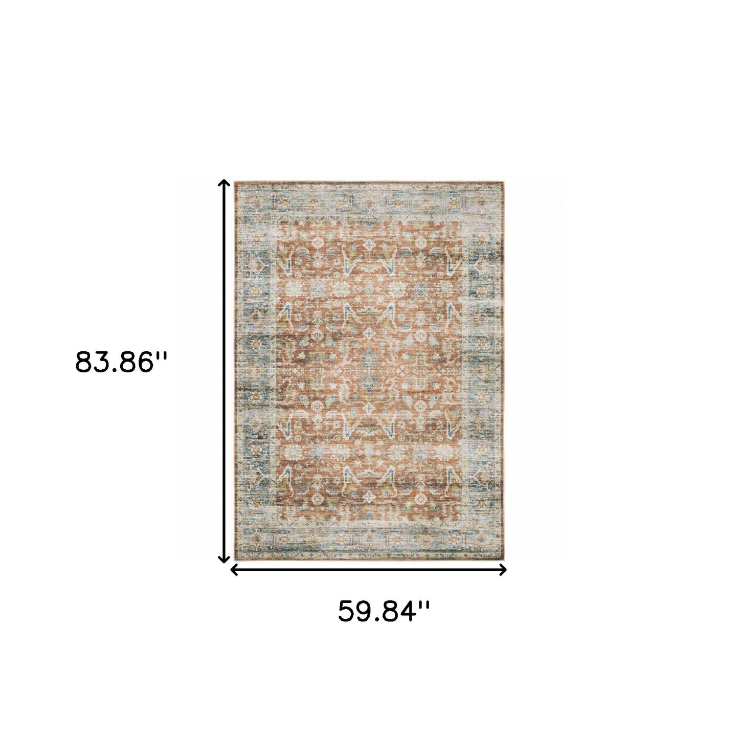 5' X 7' Rust Blue Ivory And Gold Oriental Printed Stain Resistant Non Skid Area Rug
