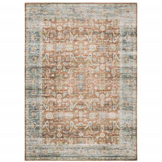 7' X 10' Rust Blue Ivory And Gold Oriental Printed Stain Resistant Non Skid Area Rug