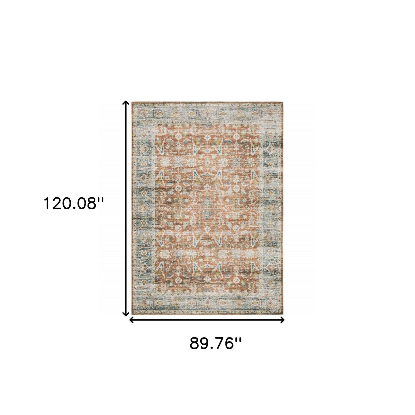 7' X 10' Rust Blue Ivory And Gold Oriental Printed Stain Resistant Non Skid Area Rug