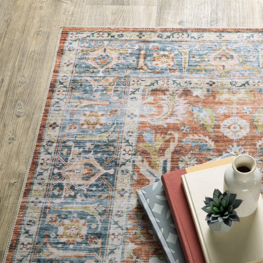 7' X 10' Blue and Ivory Oriental Non Skid Area Rug