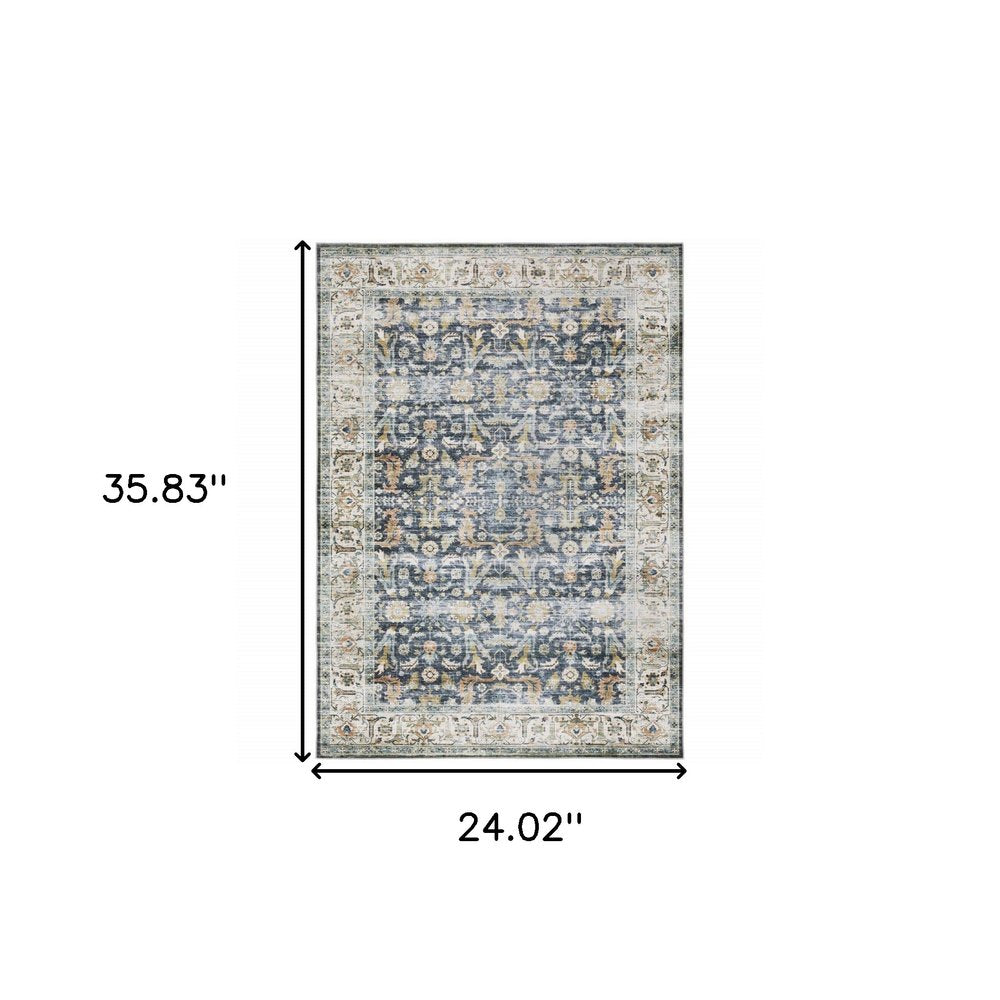 2' X 3' Blue And Gold Oriental Distressed Area Rug
