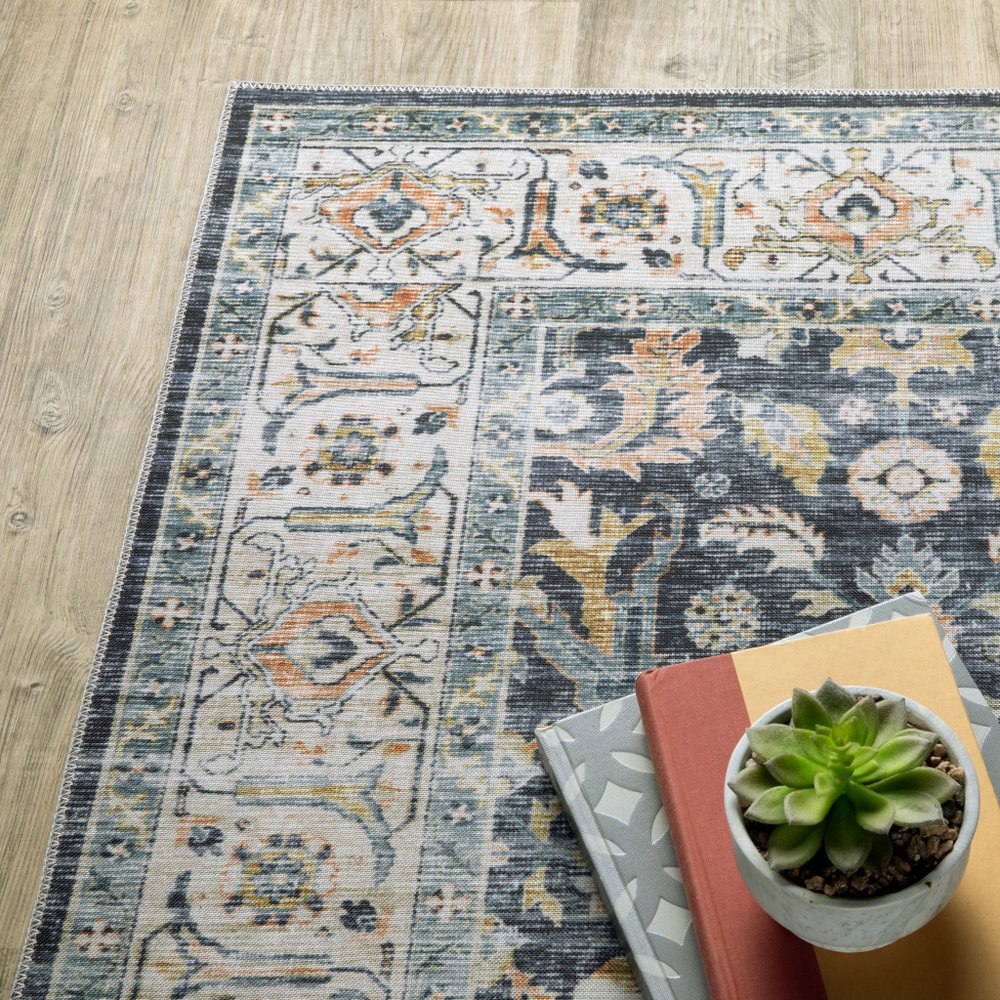 2' X 3' Blue And Gold Oriental Distressed Area Rug