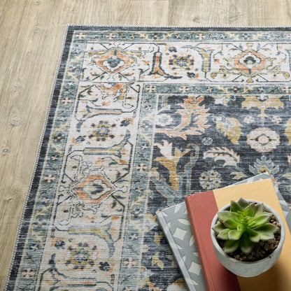 2' X 3' Blue And Gold Oriental Distressed Area Rug