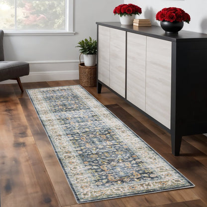 8' Blue And Gold Oriental Distressed Runner Rug