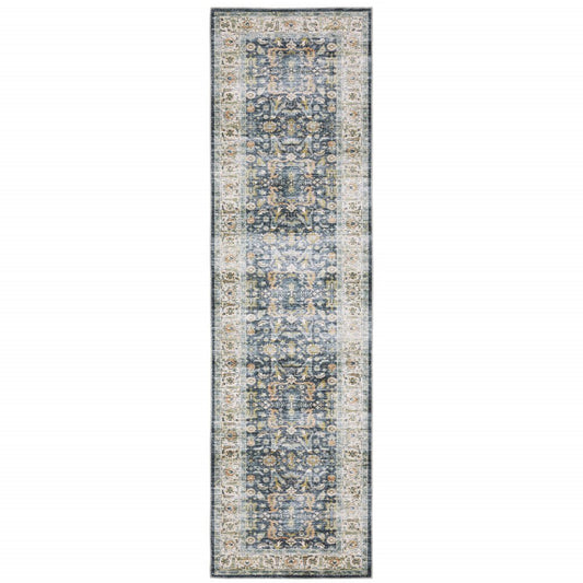 8' Blue And Gold Oriental Distressed Runner Rug