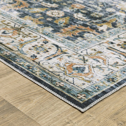 8' Blue And Gold Oriental Distressed Runner Rug