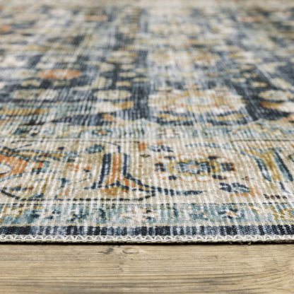 8' Blue And Gold Oriental Distressed Runner Rug