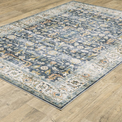 8' Blue And Gold Oriental Distressed Runner Rug