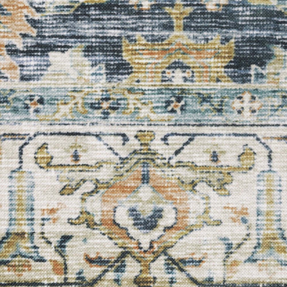 8' Blue And Gold Oriental Distressed Runner Rug