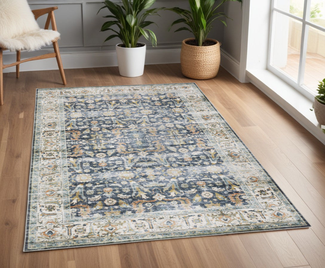 4' X 6' Blue and Ivory Oriental Non Skid Area Rug