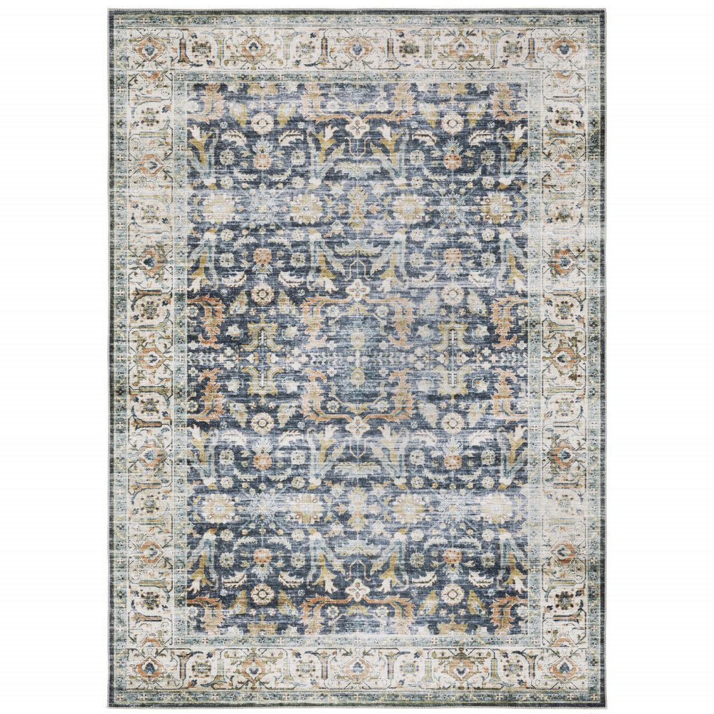 5' X 7' Blue Gold Rust Ivory And Olive Oriental Printed Stain Resistant Non Skid Area Rug