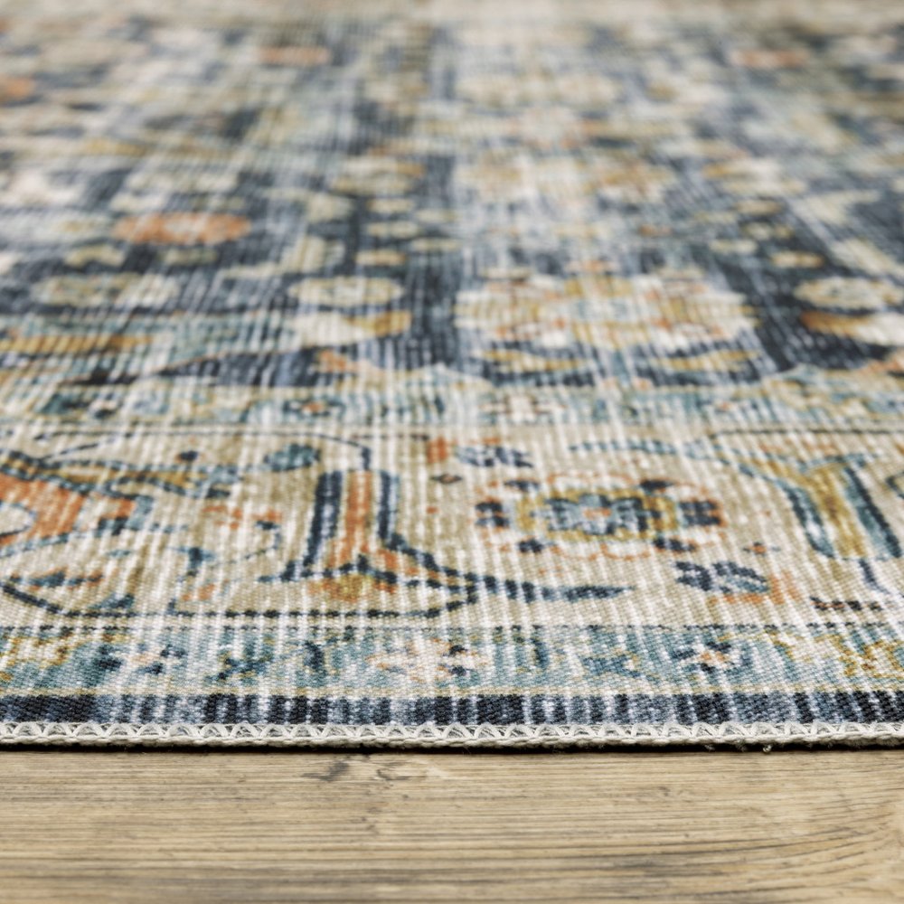 5' X 7' Blue Gold Rust Ivory And Olive Oriental Printed Stain Resistant Non Skid Area Rug