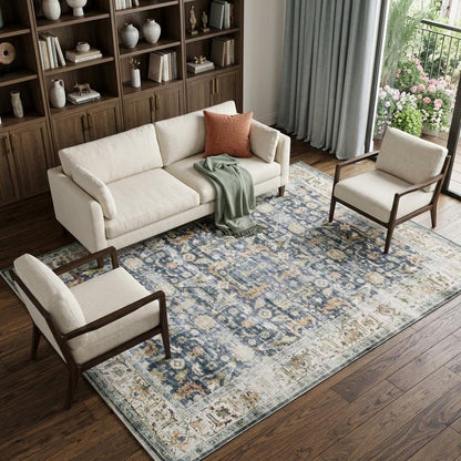 7' X 10' Blue and Ivory Oriental Non Skid Area Rug