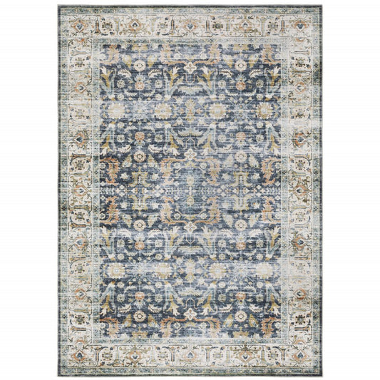 7' X 10' Blue and Ivory Oriental Non Skid Area Rug