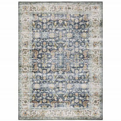 7' X 10' Blue and Ivory Oriental Non Skid Area Rug