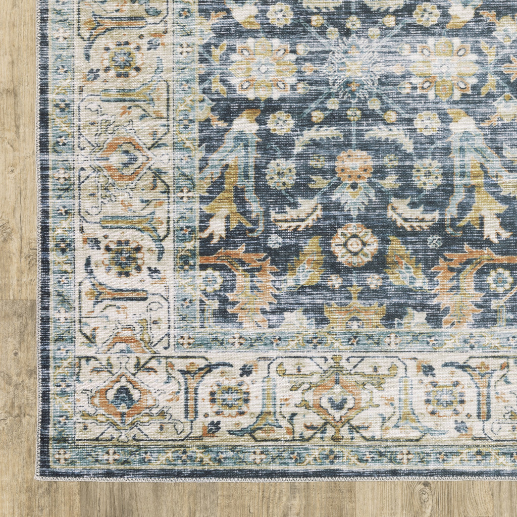 7' X 10' Blue Gold Rust Ivory And Olive Oriental Printed Stain Resistant Non Skid Area Rug