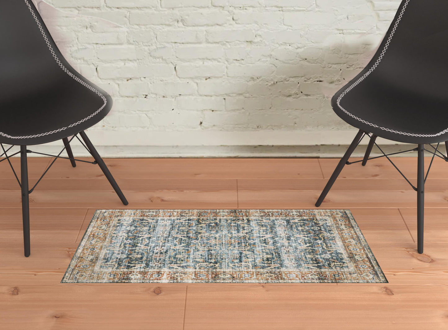 2' X 3' Blue Rust Gold And Olive Oriental Printed Stain Resistant Non Skid Area Rug