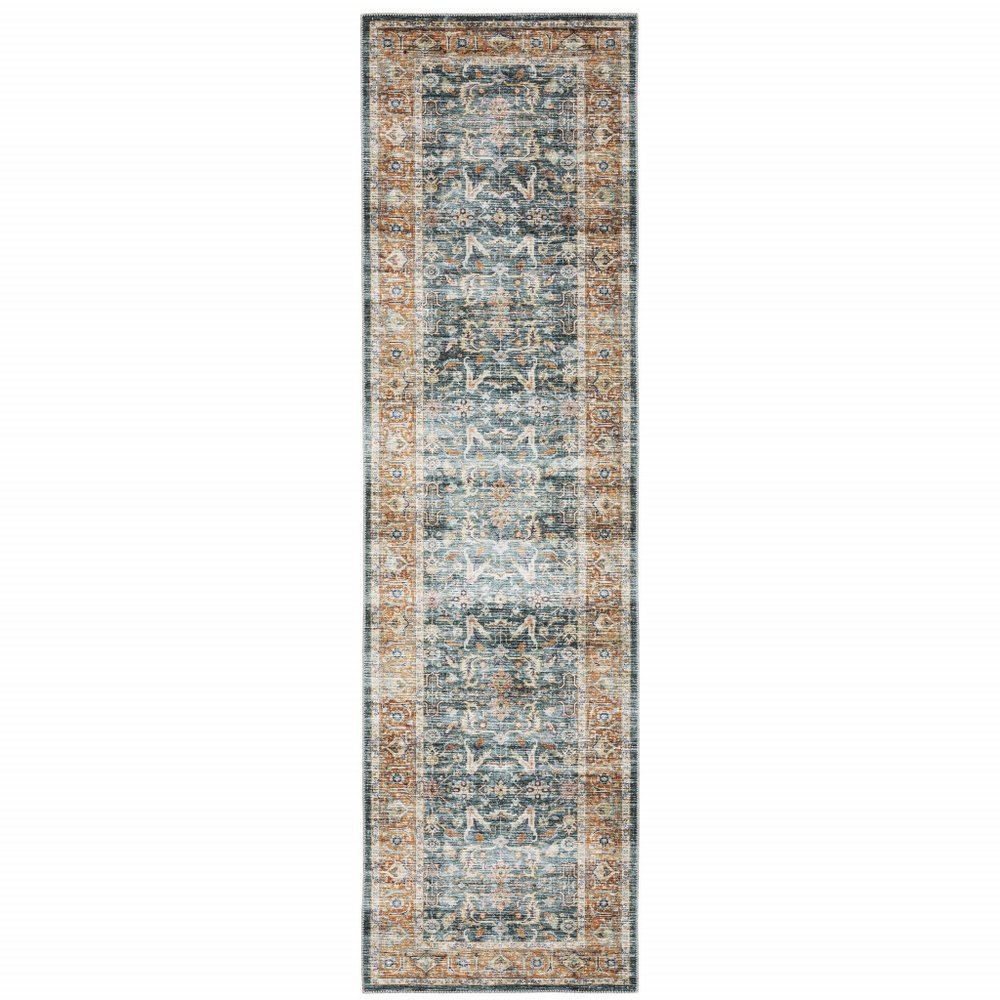 8' Blue And Rust Oriental Distressed Runner Rug