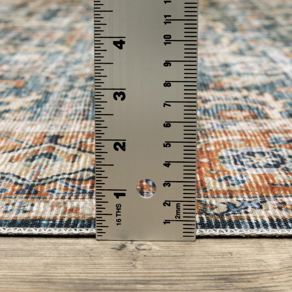 8' Blue And Rust Oriental Distressed Runner Rug