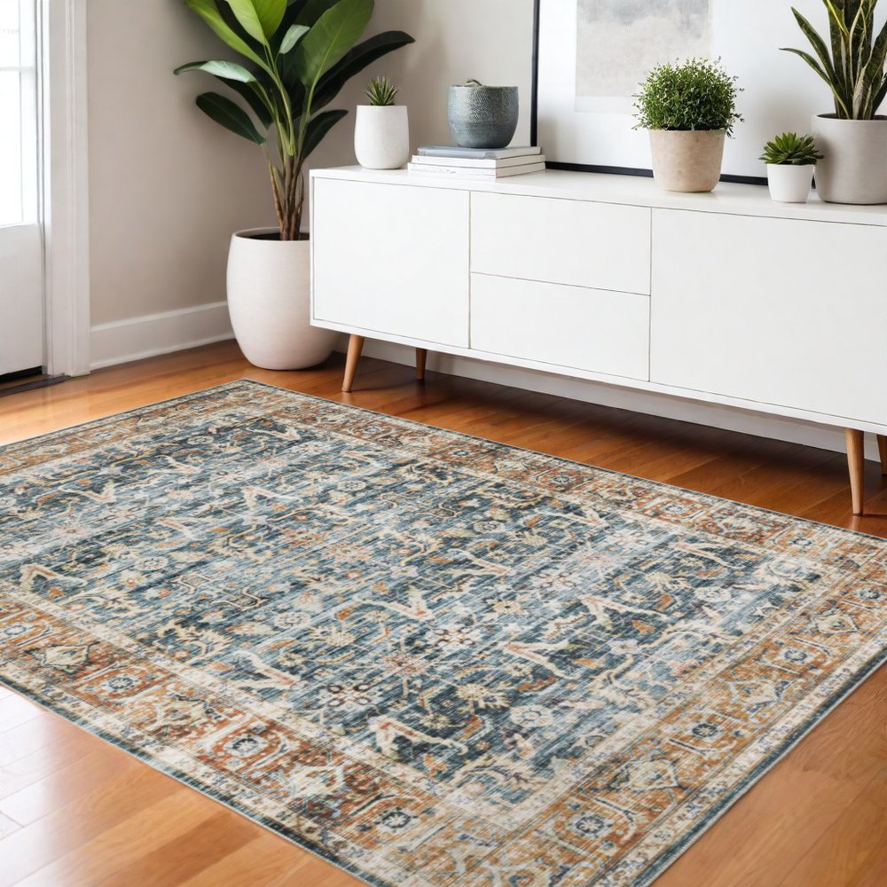 4' X 6' Blue and Beige Oriental Non Skid Area Rug