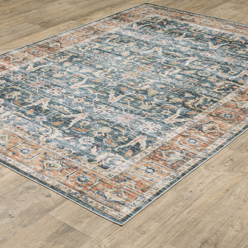 4' X 6' Blue Rust Gold And Olive Oriental Printed Stain Resistant Non Skid Area Rug