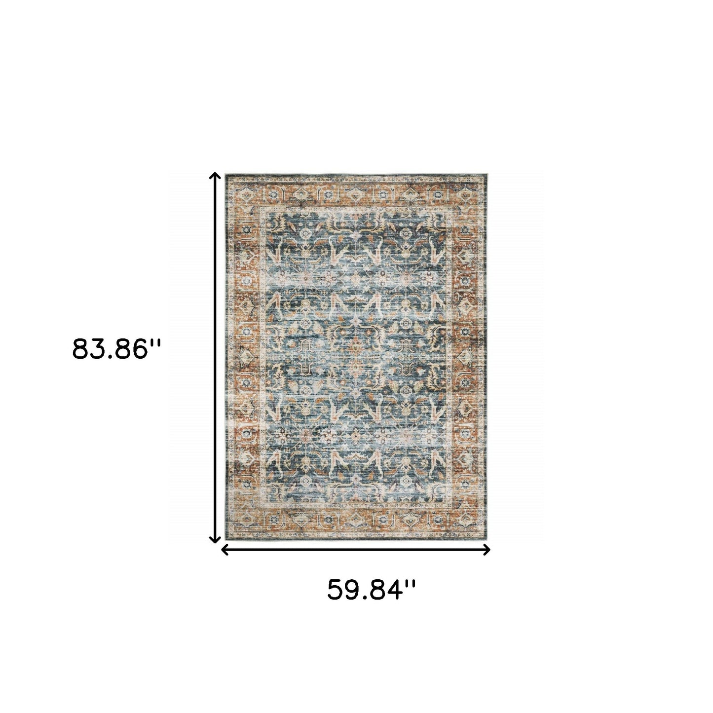 5' X 7' Blue Rust Gold And Olive Oriental Printed Stain Resistant Non Skid Area Rug