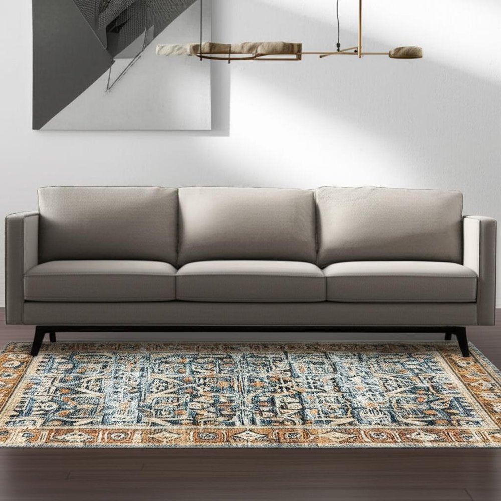 5' X 7' Blue Rust Gold And Olive Oriental Printed Stain Resistant Non Skid Area Rug