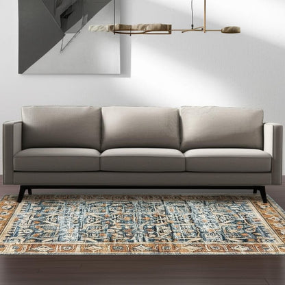 5' X 7' Blue Rust Gold And Olive Oriental Printed Stain Resistant Non Skid Area Rug