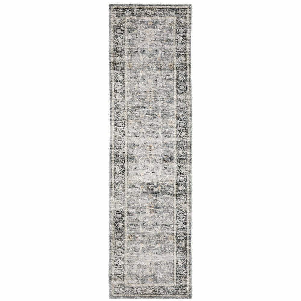 2' X 8' Charcoal Grey Salmon And Ivory Oriental Printed Stain Resistant Non Skid Runner Rug
