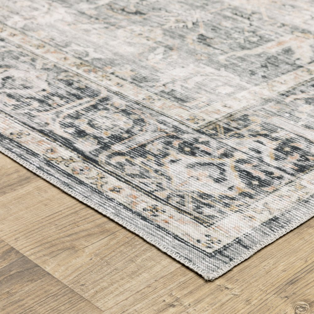 2' X 8' Charcoal Grey Salmon And Ivory Oriental Printed Stain Resistant Non Skid Runner Rug