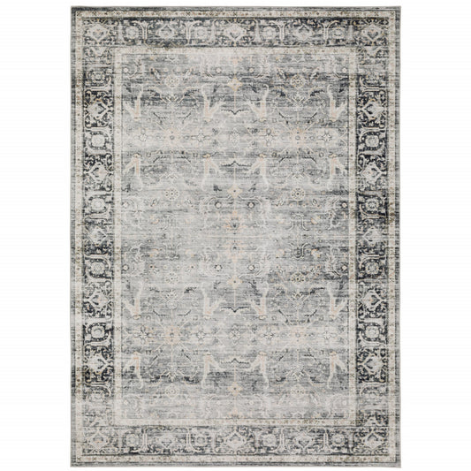 7' X 10' Charcoal Grey Salmon And Ivory Oriental Printed Stain Resistant Non Skid Area Rug