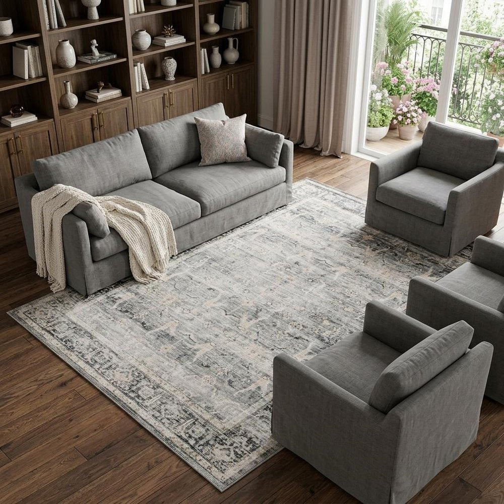 7' X 10' Gray and Ivory Oriental Non Skid Area Rug