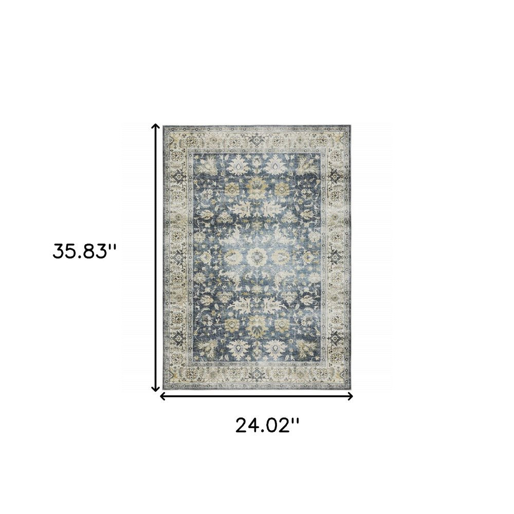 2' X 3' Blue And Gold Oriental Distressed Area Rug