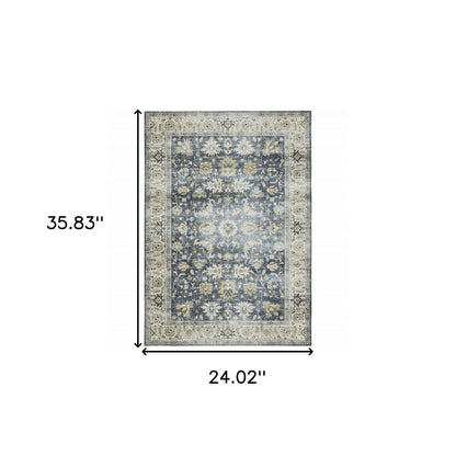 2' X 3' Blue And Gold Oriental Distressed Area Rug
