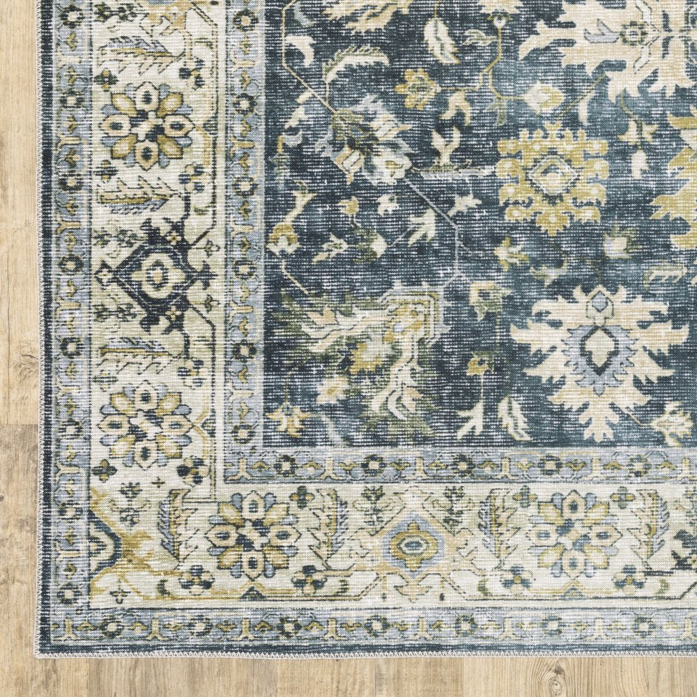 2' X 3' Blue And Gold Oriental Distressed Area Rug
