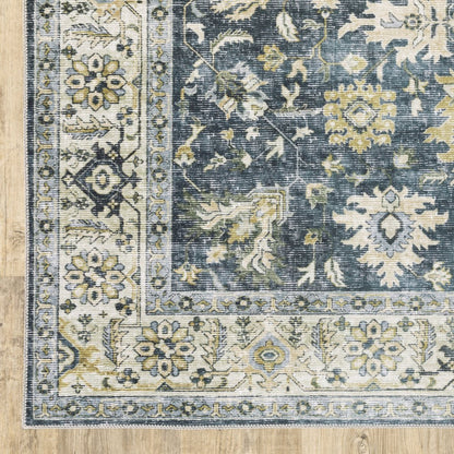 2' X 3' Blue And Gold Oriental Distressed Area Rug