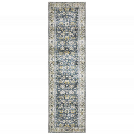 8' Blue And Ivory Oriental Printed Non Skid Runner Rug