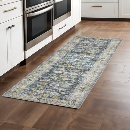 8' Blue And Ivory Oriental Printed Non Skid Runner Rug