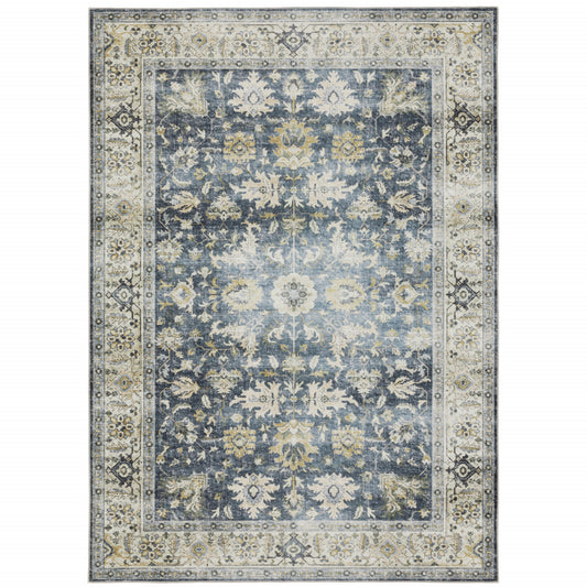 4' X 6' Blue Gold Green And Ivory Oriental Printed Stain Resistant Non Skid Area Rug