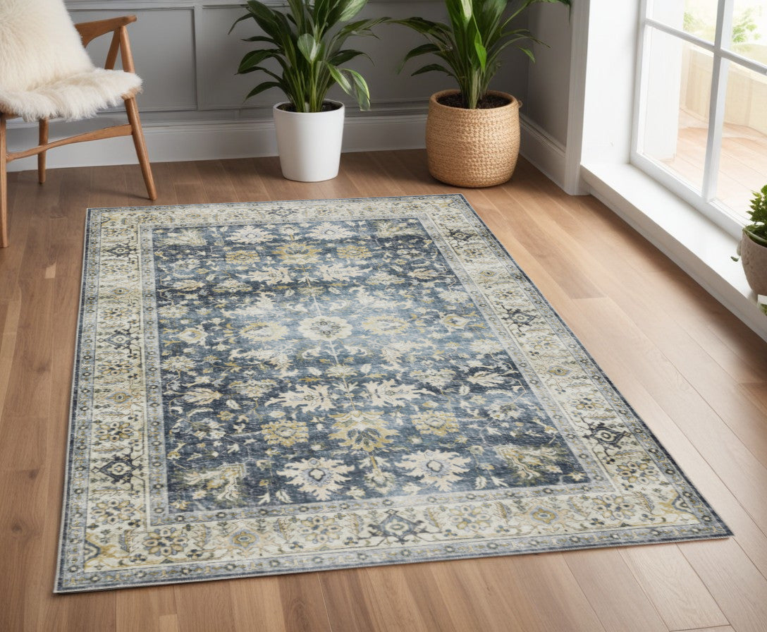 4' X 6' Blue and Ivory Oriental Non Skid Area Rug