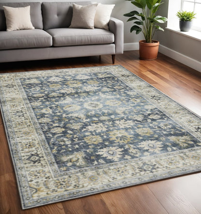 5' X 7' Blue Gold Green And Ivory Oriental Printed Stain Resistant Non Skid Area Rug