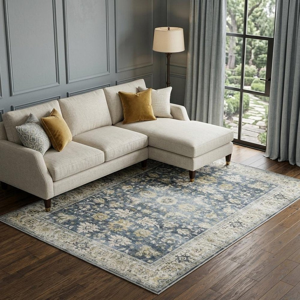 7' X 10' Blue and Ivory Oriental Non Skid Area Rug